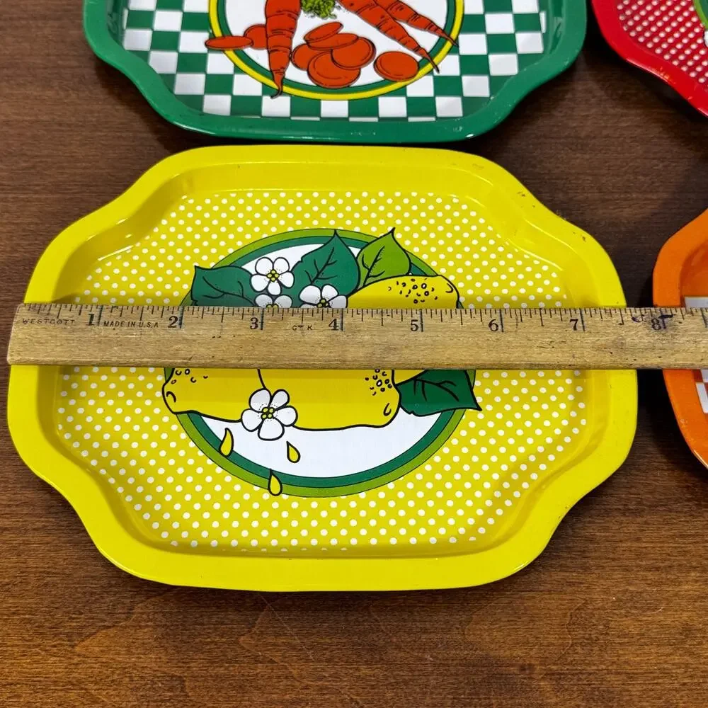Vintage Giftco Small Rectangular Tin Trays Lot of 4 Fruits & Vegetables Retro